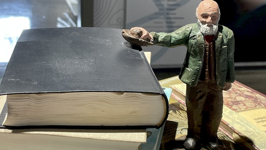 Sepp Forcher und sein große Leidenschaft - die Bücher - die 17 cm große Figur auf dem Bücherturm wurde in Aluminium gegossen.